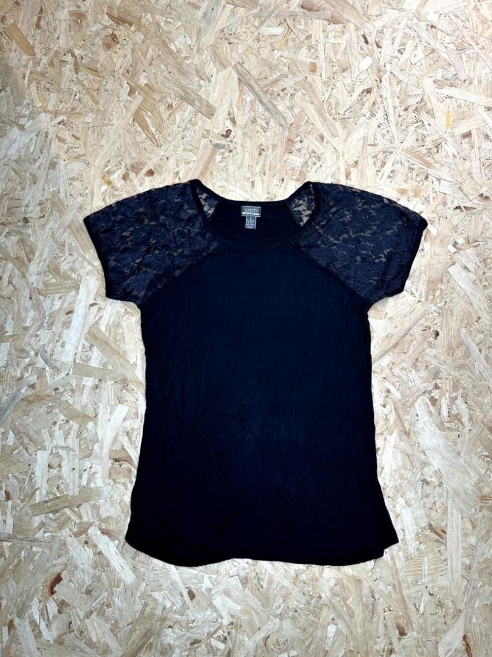 Uniti Casuals Womens Plus Size 1X Black Knit Top Lace Short Sleeve Blouse